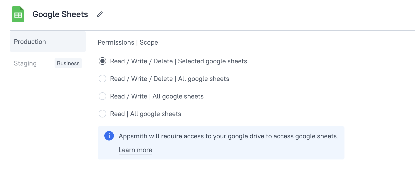 Configuring a new Google Sheets datasource.